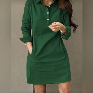 Relaxed Emerald Green Midi Shirt Dress with Pockets - Women